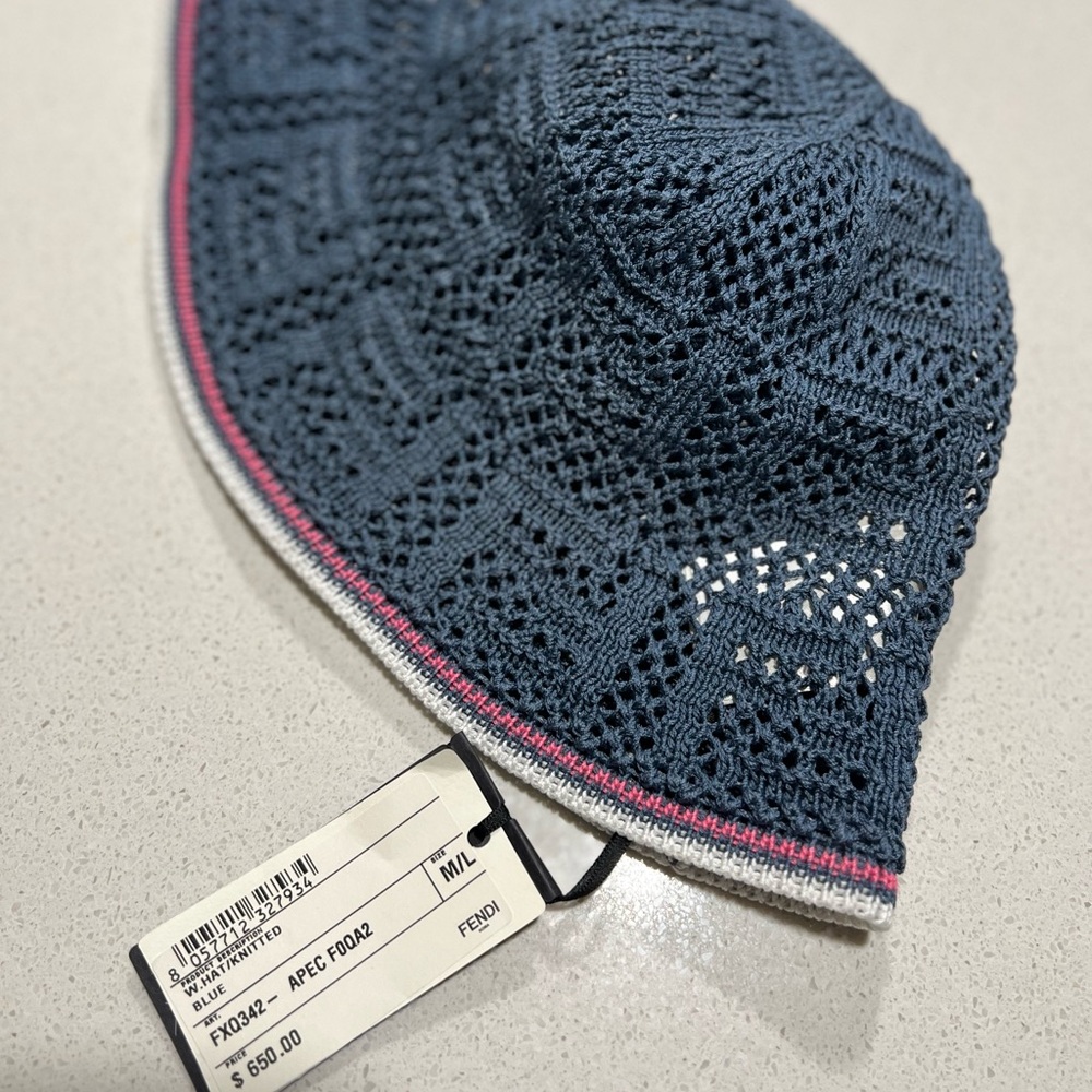 Fendi Navy Crochet Hat with Pink Detail